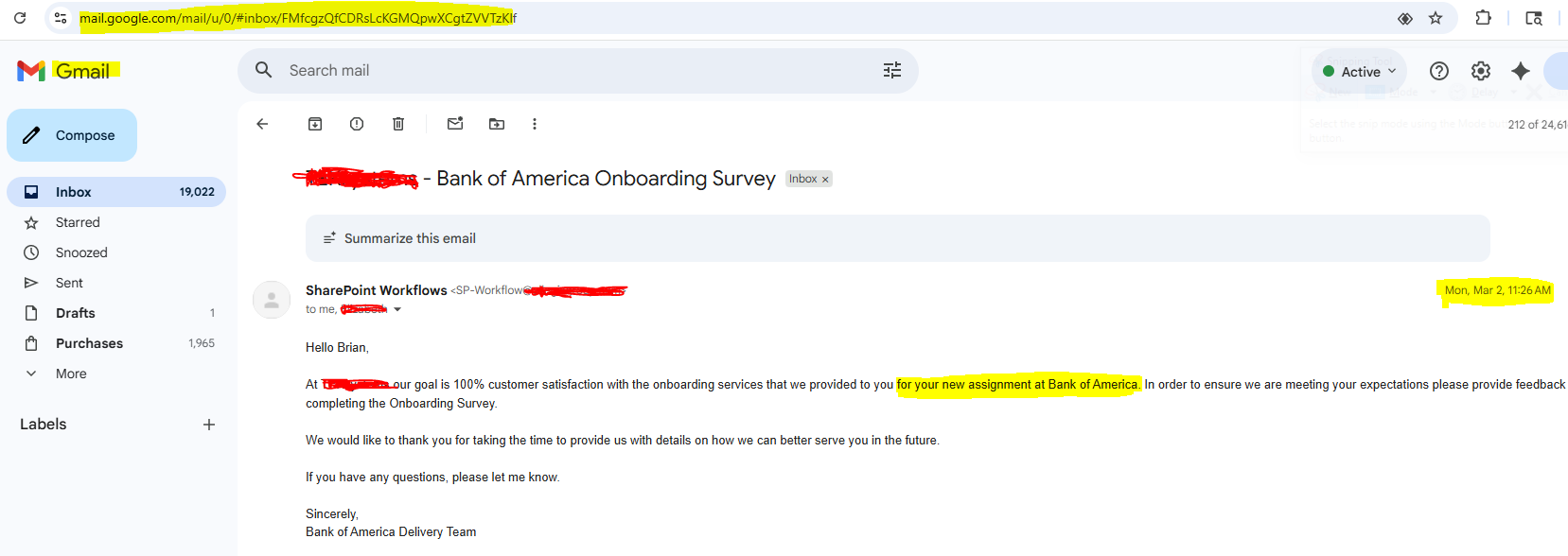 my start date email from boa